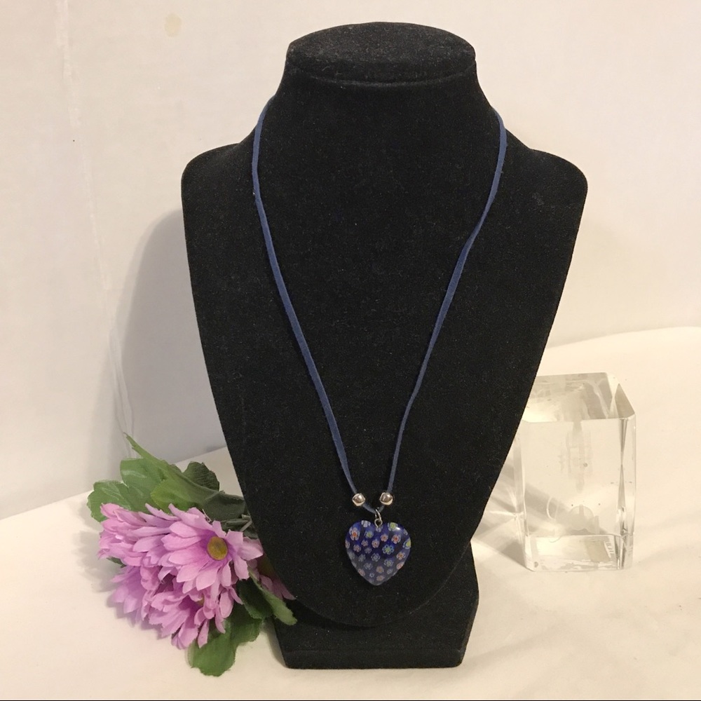 Vintage Blue Murano Millefiori Glass Heart Pendant Necklace on Suede Cord